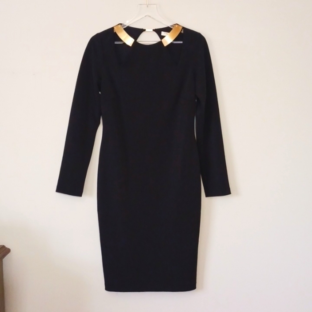 Halston Heritage Ponte Knit Metallic Detail Bodycon Black Dress, Size Large